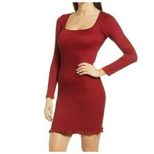 ROW A Womens Deep Red Smocked Square Neck LongSleeve Bodycon MiniDress Sz L